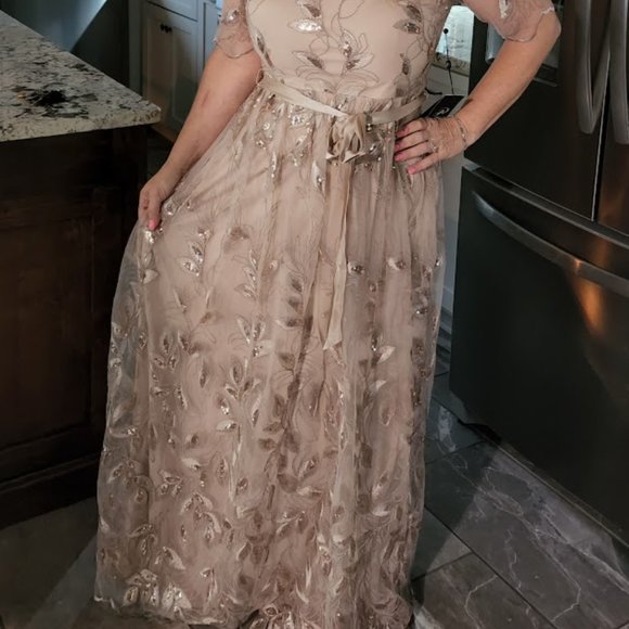 Adrianna Papell Embroidered Knit Long Ball Gown w/ Elbow Sleeves Brand NWT - Picture 10 of 11